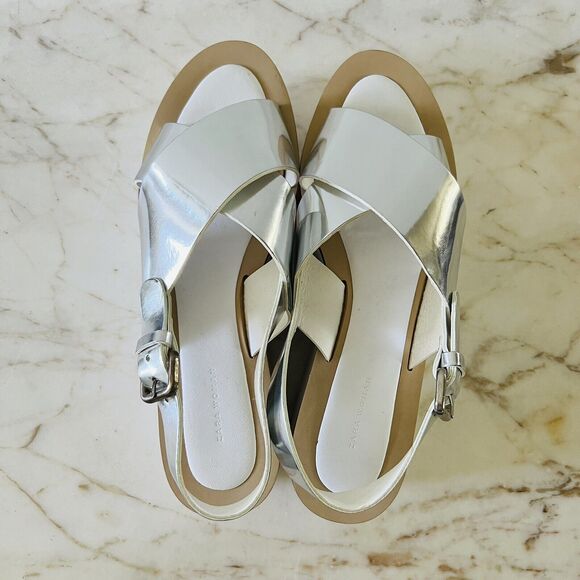 ZARA Glossy Silver White Faux Leather Cris-Cross Platform Sandal- EU 37 / US 6.5 - Picture 5 of 7